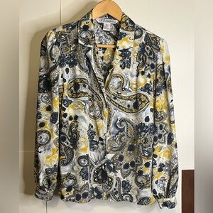 VTG K.B. Lawrence Women’s Size 10 Gray & Yellow Paisley Floral Polyester Blouse